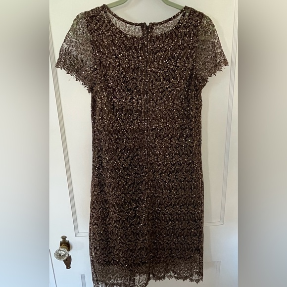 Marina chocolate brown sequined lined laced sheath dress short sleeve size 10 - Picture 2 of 6